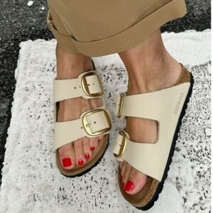 BIRKENSTOCK (EUC) Taupe Color With Large Gold Tone Buckles, Size 38 = Size 8.